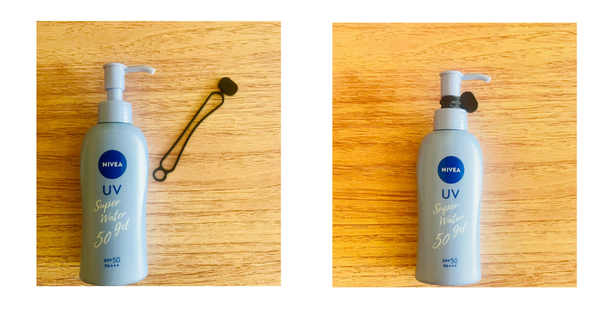 プッシュタイプのボトルはポンプ部分に輪ゴムなどを巻き付けたら持ち運べますよ