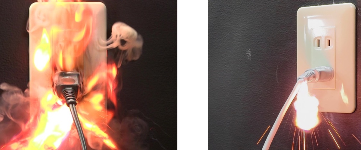 (左)電源プラグ内部の破損による発火、(右)電源コードの半断線によるショート
