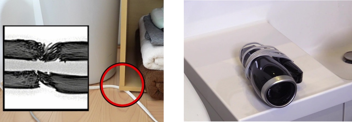 (左)電源コードを踏みつけて断線、(右)電源コードを強く巻き付けて断線