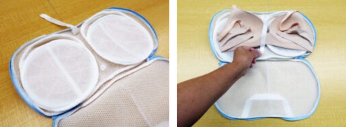 カップを守るソフトフレーム入り。ブラジャーを固定するストラップも搭載