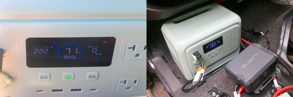 走行中にチェックしたところ、約220W程度で充電されていた様子。筆者のクルマの発電量とバッテリー容量によるものと思われますが、到着時には91％まで充電できていました。シガーソケットやソーラーパネルより圧倒的の高速