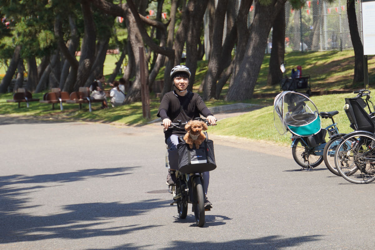 リクセンカウルの「ドギー」で公園での試乗を楽しむララちゃん