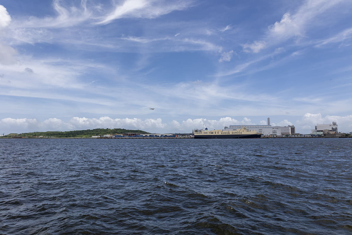 暁ふ頭公園から見た東京湾。前の埠頭に大きな船がつくことも多く、タイミングが合えば接岸や離岸のシーンが見られる