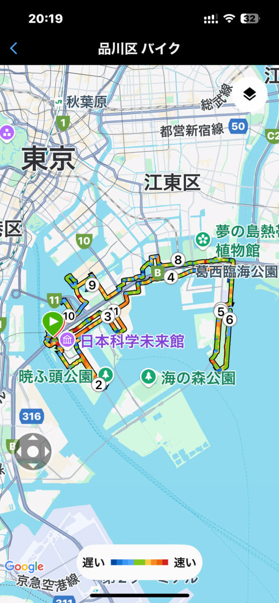 この日の走行ルート。近場を回ってるような印象だったけど、距離はけっこう伸びた