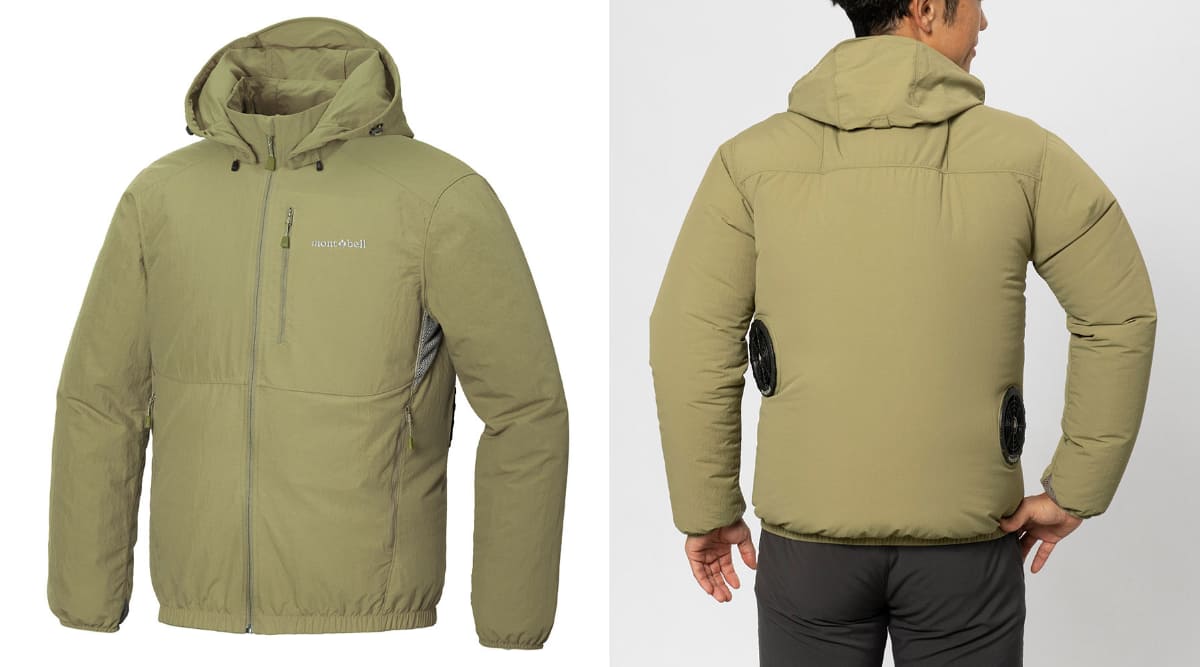 モンベル「ファンブロー パーカ」は長袖上着に電動ファンを搭載したアウトドアウェア。トレッキングや登山を想定したつくりで、バックパックのショルダーベルトとファンが干渉しにくいよう、ファンの位置も独特です(画像：モンベルオンラインストア)