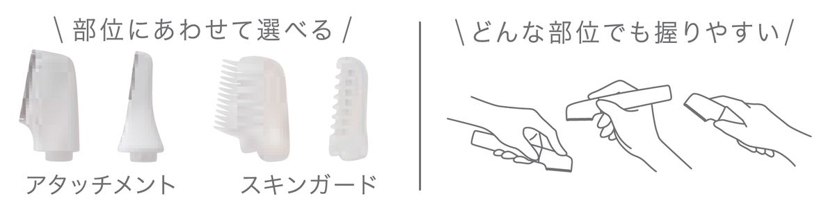アタッチメントを付け替えていろいろな部位をケアできる