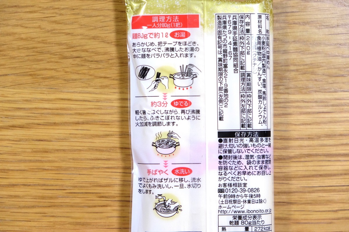 パッケージ裏の調理方法