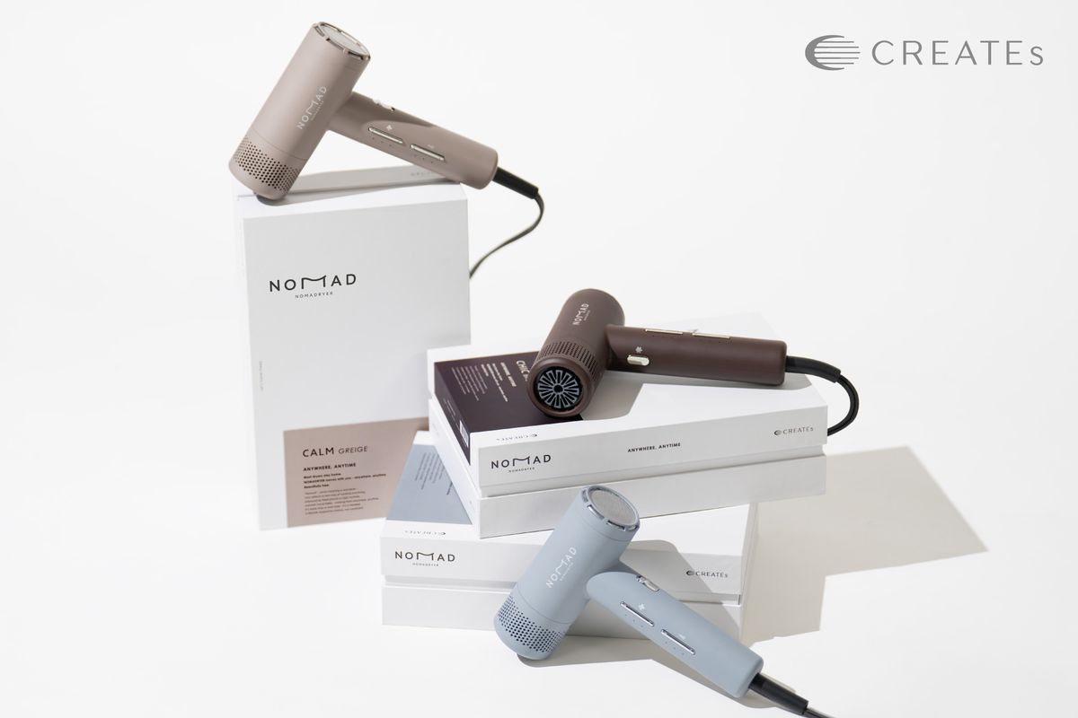 持ち運び可能な 「NOMADRYER(ノマドライヤー)」(上2つ。一番上がカームグレージュ、真ん中がシックブラウン)