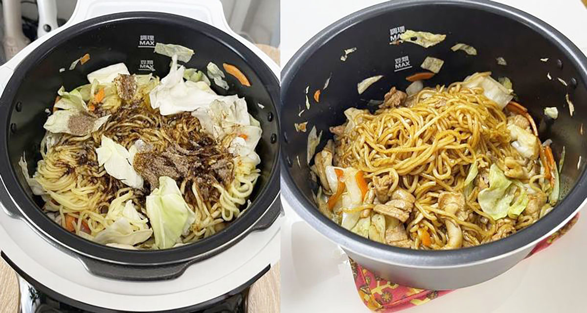 「炒め」モード10分で、ほったらかしで2人前の焼きそばがおいしく出来上がった