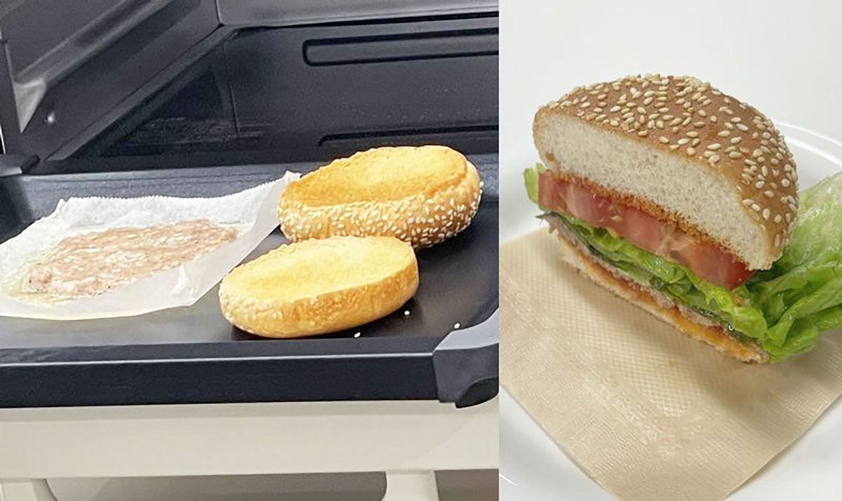 「アレンジトーストモード」を使うとバンズ&ミートを同時調理してハンバーガーを作ることも可能。調理時間は約6～7分