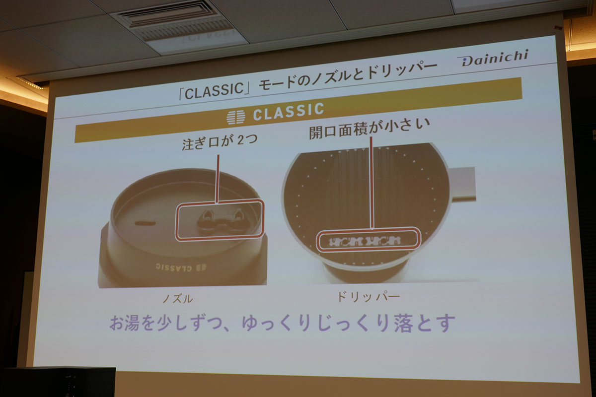 「CLASSIC」モード専用のノズルとドリッパー