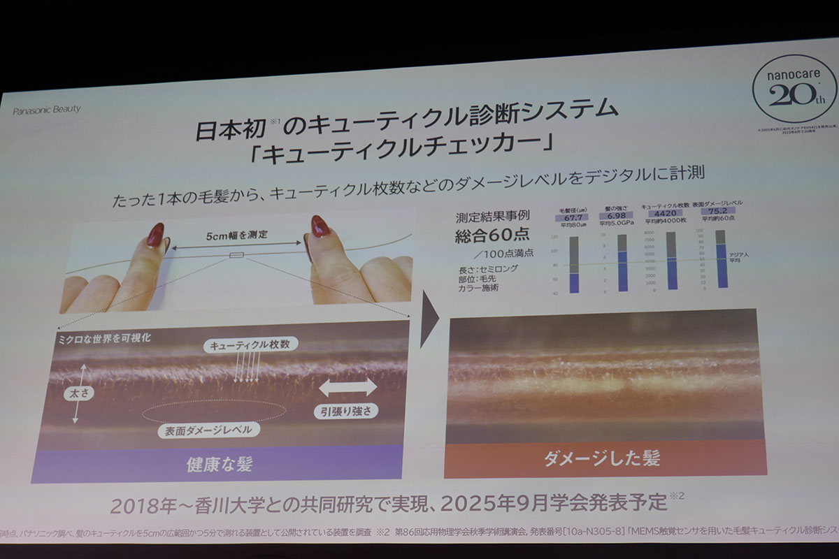 1本の髪からキューティクルの枚数などを測定できる