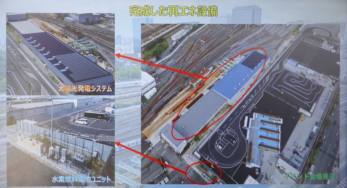 下の〇で囲った部分が、先の燃料水素電池施設。上の◯囲みが「e METRO MOBILITY TOWN」で、コース上を自動運転バスが走行する