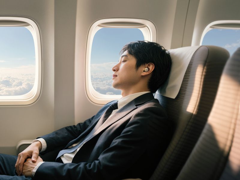 圧迫感なく快適に耳にフィットする。イヤホン単体で周りに聞かれずにアラームが設定できる