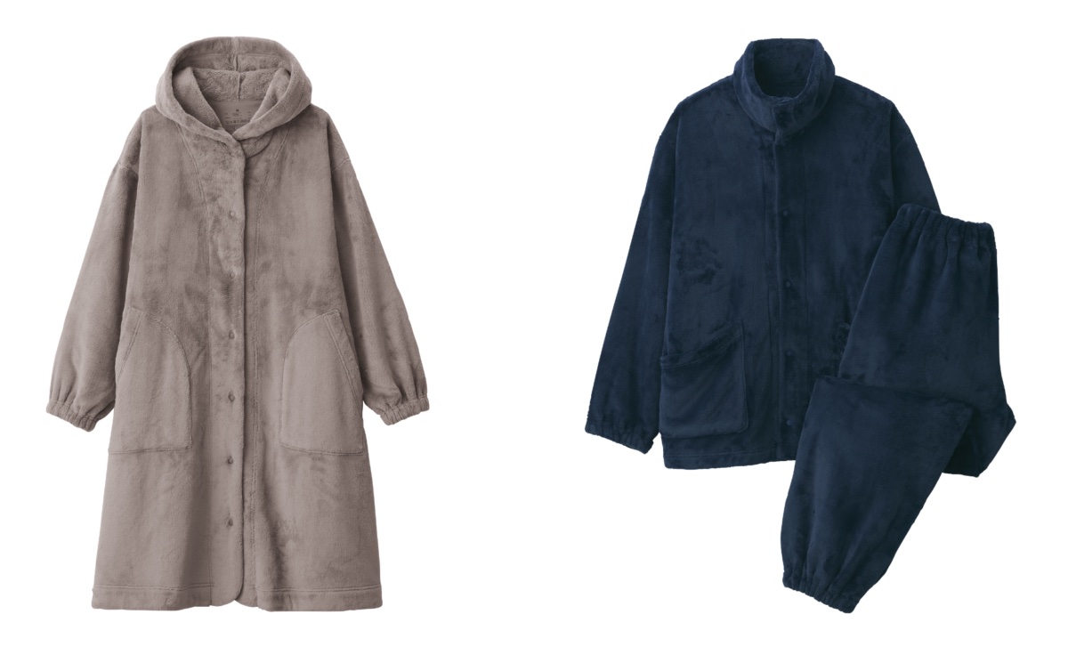 左から「婦人 静電気が起きにくい 着る毛布 ロングカーディガン」「紳士 静電気が起きにくい 着る毛布 スタンドカラー長袖パジャマ」