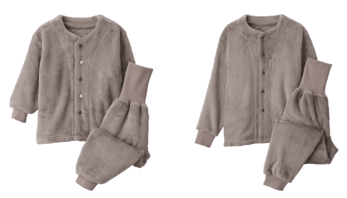左から「ベビー 着る毛布 腹巻付きお着替えパジャマ」「キッズ 着る毛布 腹巻付き長袖パジャマ」