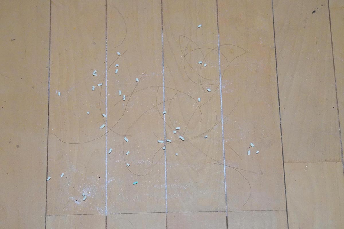 掃除前(上写真)は白かったフローリングの溝が、掃除後(下写真)はしっかりと除去できています