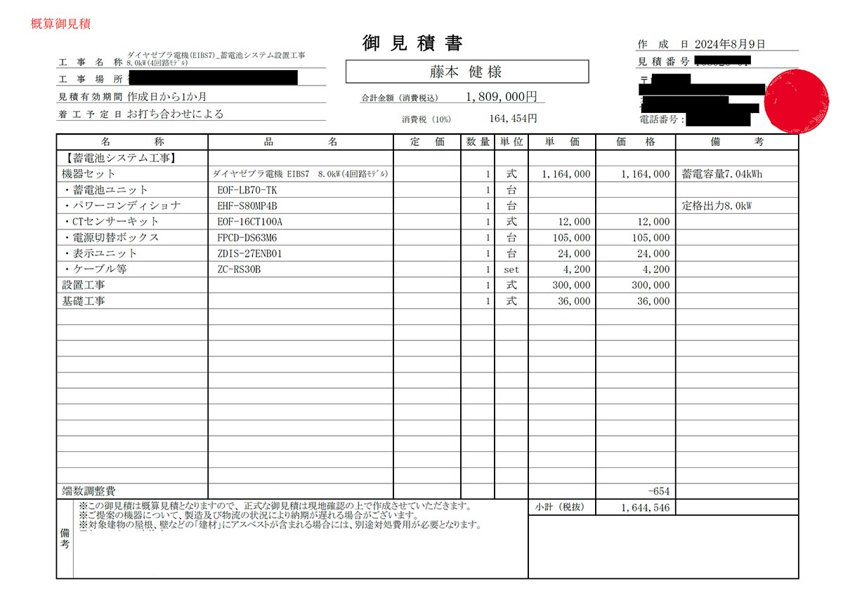 昨年に蓄電池を検討した時の見積もり