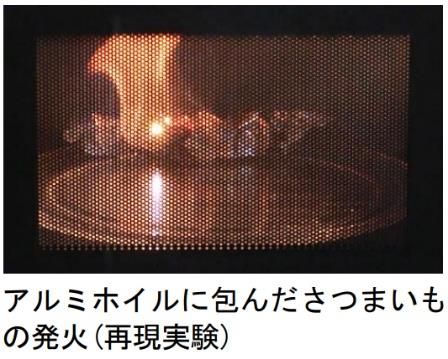 電子レンジでアルミホイルを使用し庫内で発火した様子(再現実験)