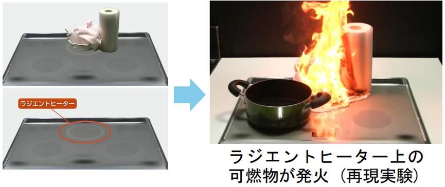 ラジエントヒーターの上で可燃物が発火した様子(再現実験)