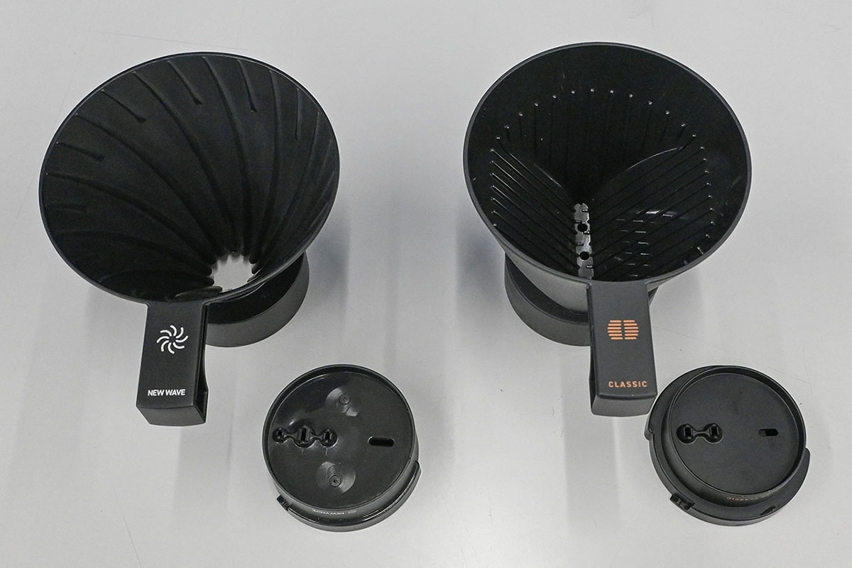 ドリッパーや回転式ノズルの形状はモードで異なる。なお、最終的なコーヒーの抽出量は同じだが、使用するお湯の量にも差が出る