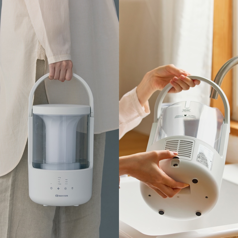 本体上部に可動式のハンドルを配したほか、底面に凹状の手掛かりを備え、持ち運びやすい