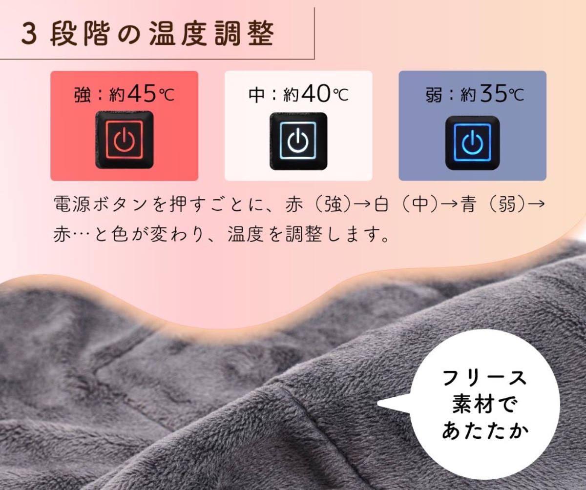 電源ボタンで温度設定が可能