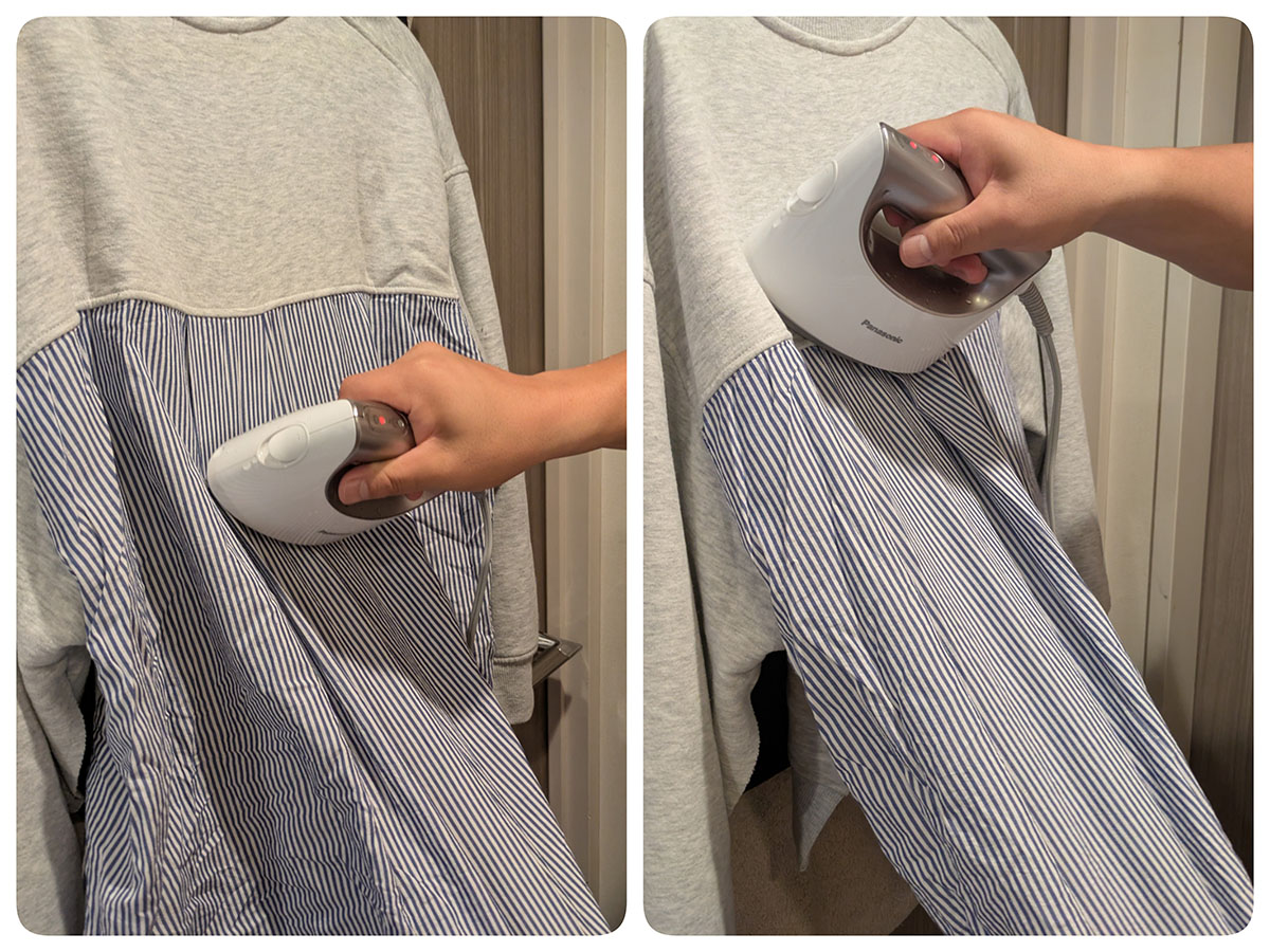 本体が安定していて、スチームをあてやすい。多少引っ張っても問題ありません