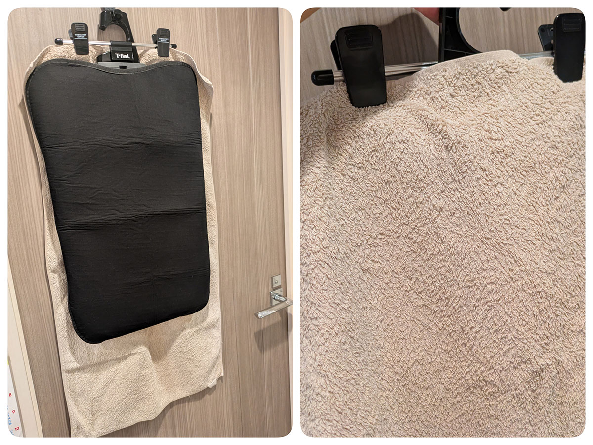 壁などに蒸気があたらないように、専用クリップを使ってタオルを設置
