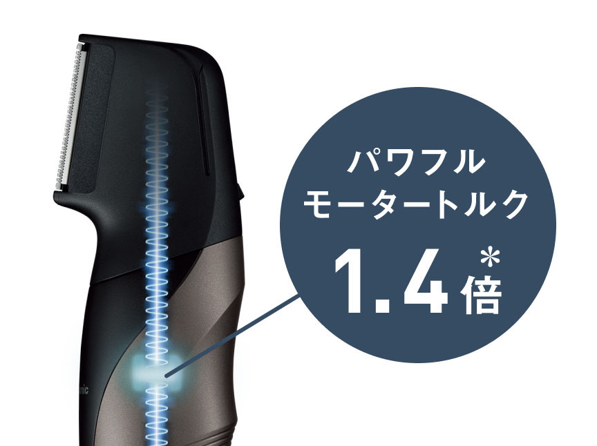 日本製刃を採用し、35mmというワイドなカット部を動かすことができる高トルクのパワフルなモーターを搭載<span class="fnt-dummy smaller-xxxx">(※)2025年発売ER-GK23搭載の当社通常モーターとの比較 (当社調べ)</span>