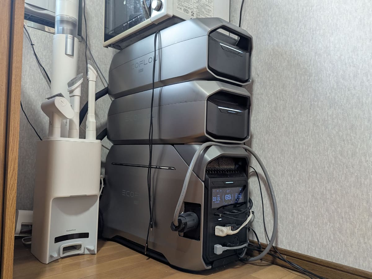 ライダーハウスの電力を支える「DELTA Pro 3」と2つのエクストラバッテリーはキッチンに設置されている