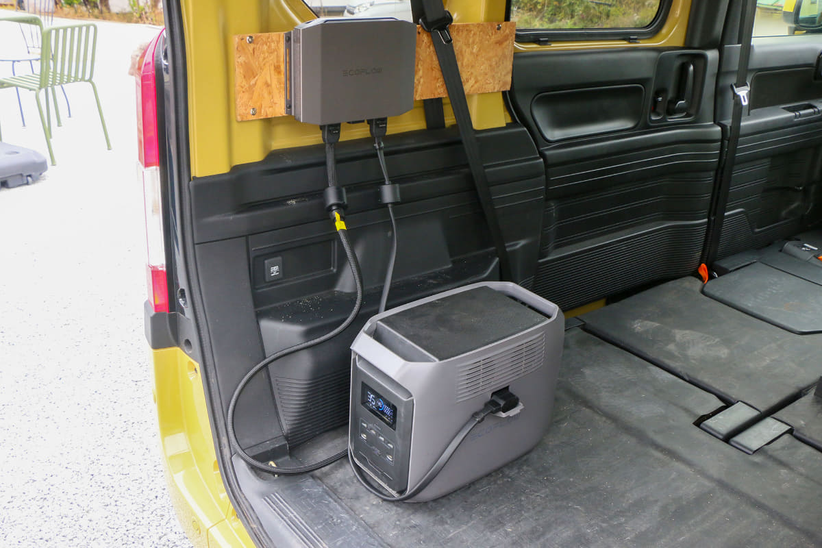 「N-VAN」の荷室部分に取り付けられた<a href="https://jp.ecoflow.com/products/ecoflow-alternator-charger-plus-1000?variant=52234754785647" class="n" target="_blank">「Alternator Charger Plus 1000」</a>。車体に取り付けた板にビス止めすることで違和感のない収まり