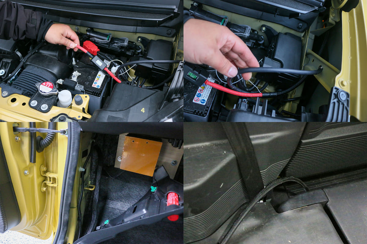 配線をバッテリーにつなぎ、アースを車体に取ってから車内に引き入れている。床下をうまく通すことで荷室に導く