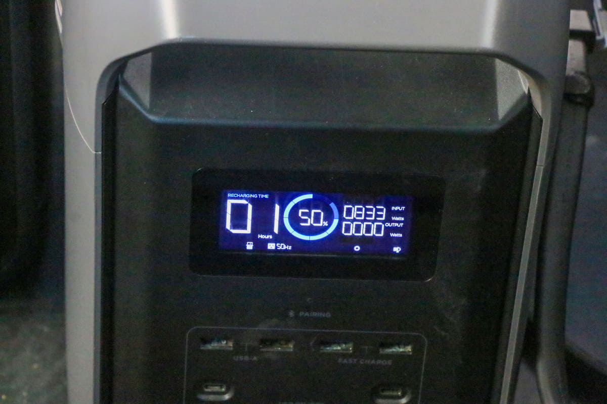取材時の移動中にもクルマを走らせて充電したが、800Wオーバーの数値を示していた。この入力で充電できるのはすごい