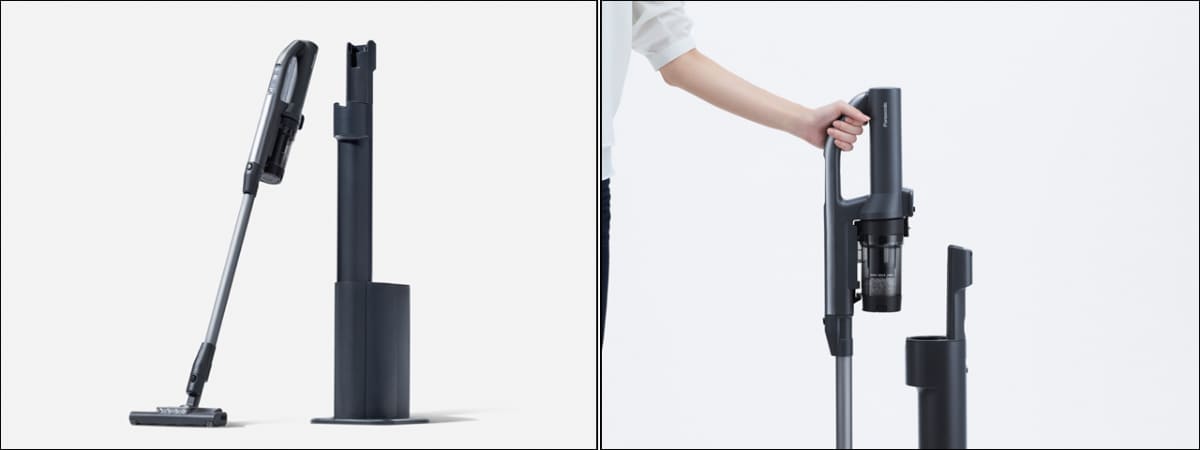 セパレート型コードレススティック掃除機「MC-NX500K」なら毎回のゴミ捨てという面倒がさらに軽減。 (写真左) 充電台に戻すだけで、自動でゴミがクリーンドックに回収されます。 (写真右)
