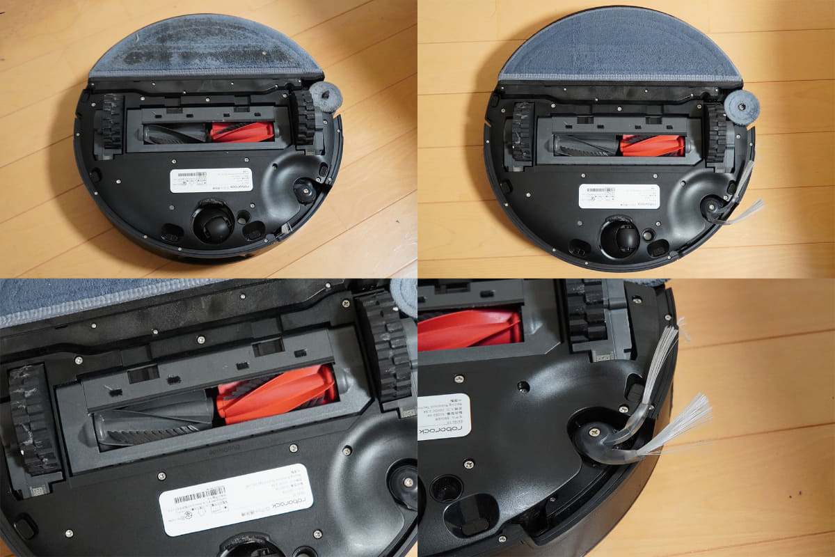 上の2点は1年近く掃除を放置していた家具の下など、家中を隅々まで掃除したあとのSaros 10。掃除後はかなり汚れていたが、洗浄後はモップがほぼ新品に近い状態に。下の2点はブラシが中央で分離した構造のメインブラシ。ブラシに絡まった髪は遠心力で中心に移動し、ロボット内に吸引されるしくみ。実はメインブラシより髪が絡まることが多いサイドブラシ。Saros 10は2本のブラシ形状をV字型にすることで、絡まった毛が回転時に自然に外れる構造に