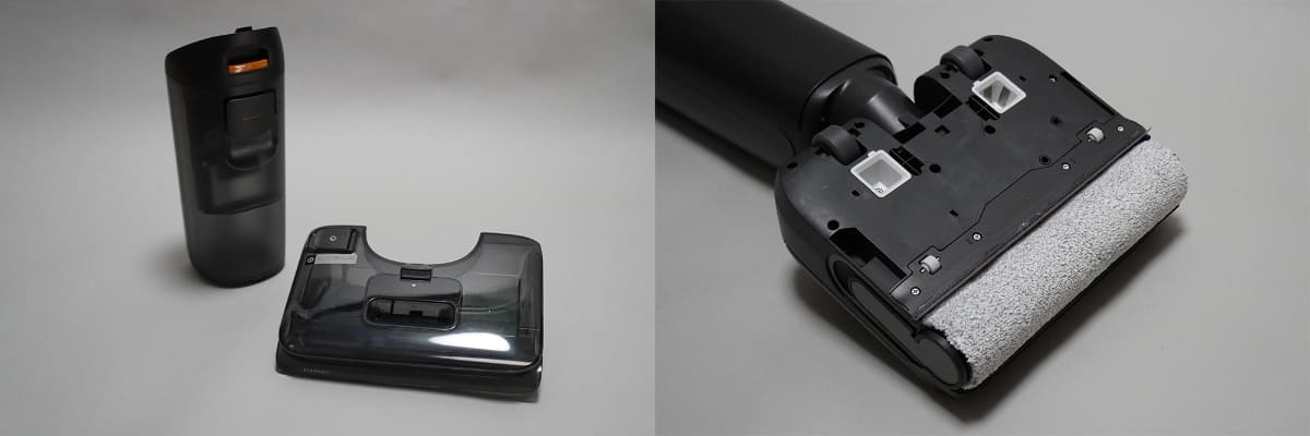 水拭き掃除機の水タンク。ヘッド上面に870mlの清水タンク、吸引ユニット真下に720mlの汚水タンクが内蔵されています。タンクが大きいうえ、大容量バッテリーのおかげで最大65分間という長い連続運転が可能。ヘッド裏面は柔らかなモップのようなローラーで床を傷つけず掃除してくれます