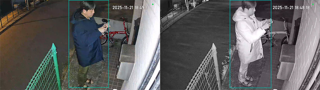 LEDライトを点灯させ、カラーモードで撮影した映像。服装の色もよくわかります（左写真）。LEDライトを点灯させず、赤外線モードで撮影した映像は白黒で記録されます（右写真）