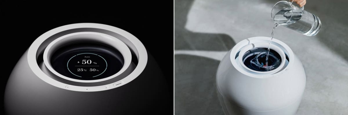 新Rainの液晶画面。旧モデルでは開口部中央に小さな四角いディスプレイが配置されていましたが、新モデルでは大きな円形ディスプレイに刷新され、視認性が大幅に向上しました。（写真左）Rainは壺に水を注ぐように上部の開口部からそのまま給水します。水容量は4Lです。（写真右）