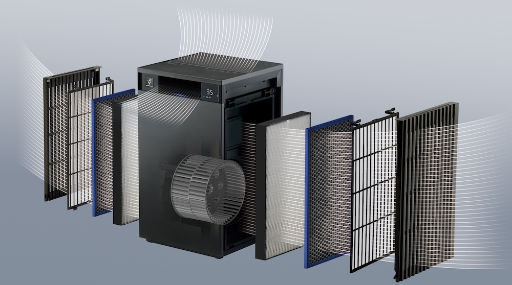 「Wフィルター構造」を採用し、左右両側から空気を取り入れつつ、空気を清浄する