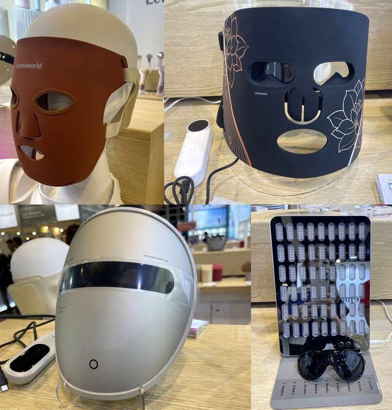 LEDライトを採用したマスク型の美顔器が花盛り。右下は従来からあったようなサングラスをしてLEDを浴びるタイプ
