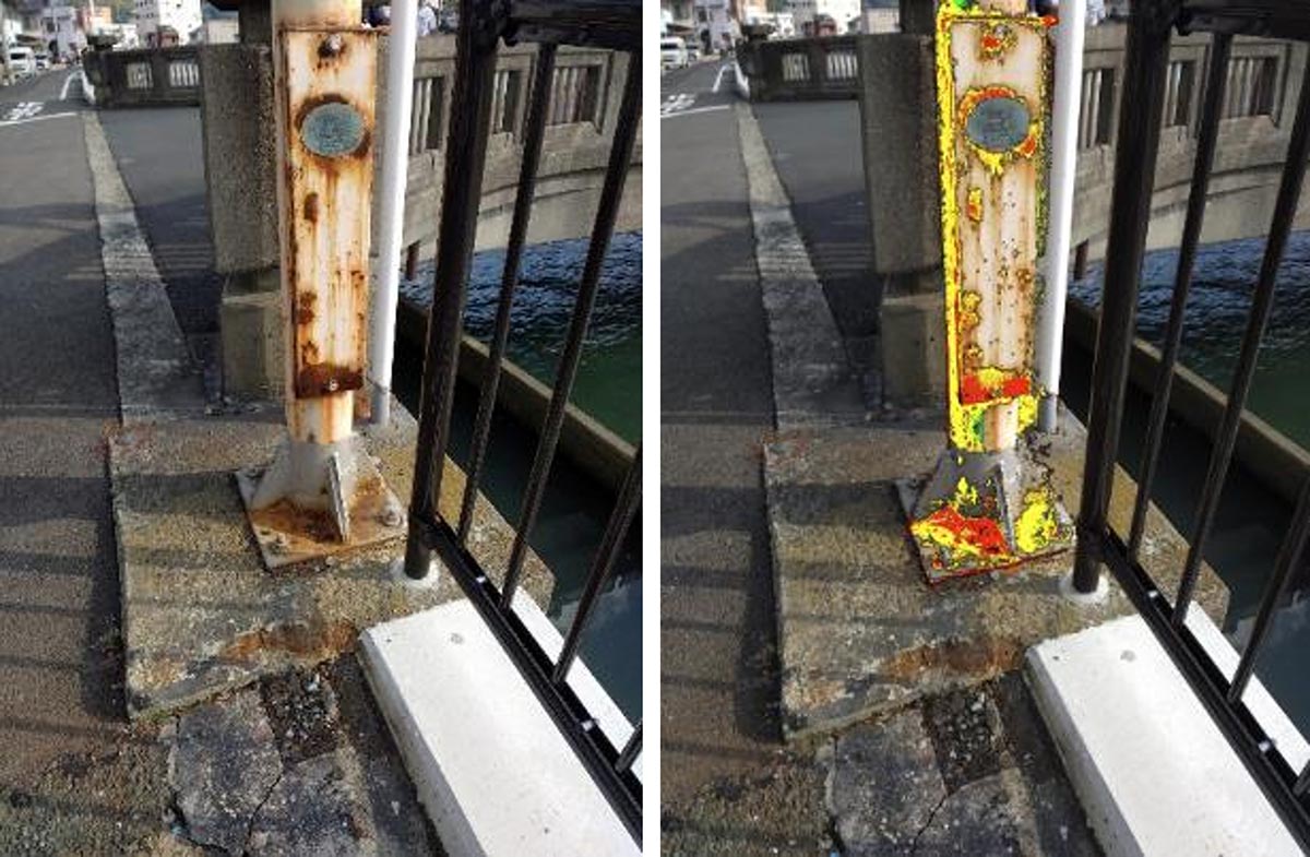 左の写真が劣化の進んだ街路灯、右はLD-MapのAIによる判定画面。赤や黄色に塗られている部分は、そこにサビが検知されていることを示している