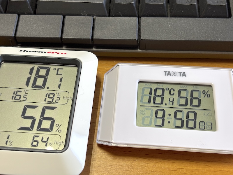 時間が経てば、ほぼ同じ数値になる。湿度の変化に対しては、ThermoPro製の方がスピーディーな傾向がある