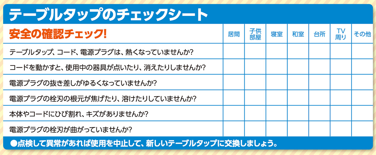 テーブルタップのチェックシート(JEWAパンフレットより)