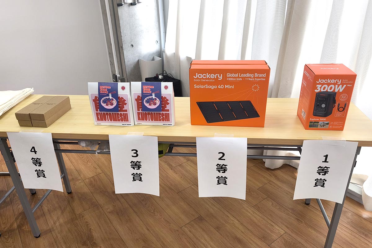 ビンゴを引き当てた人に贈られた、ポータブル電源やソーラーパネルなどのプレゼント
