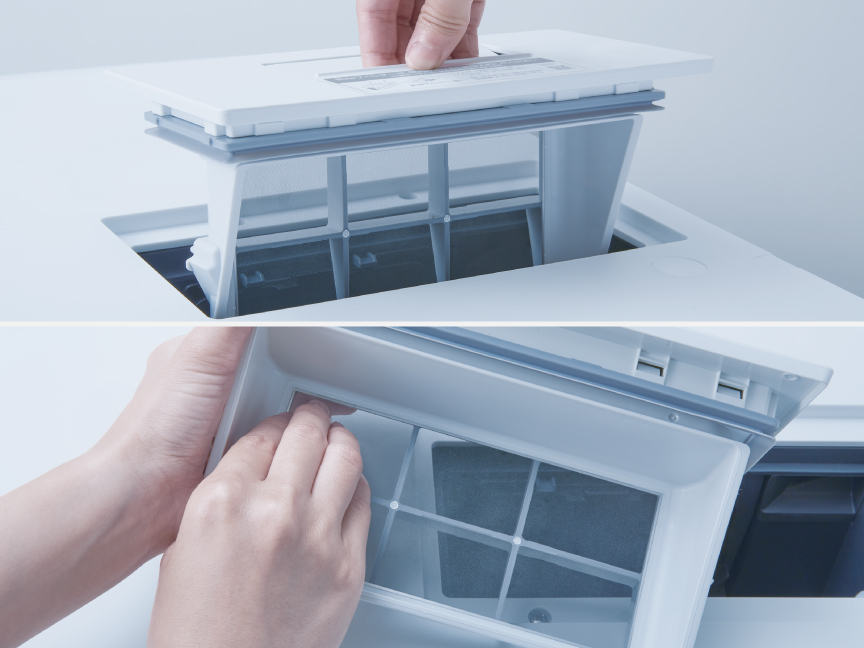 乾燥フィルターは毎回、排水フィルターは週1度のメンテナンスを推奨(画像は乾燥フィルター)