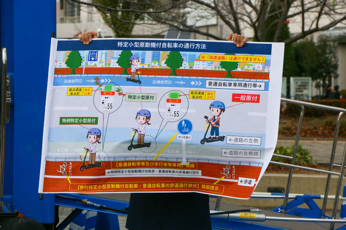 特定原付の通行方法を解説した図。歩道の走行には一旦停止してモードの切り替えが必要となる