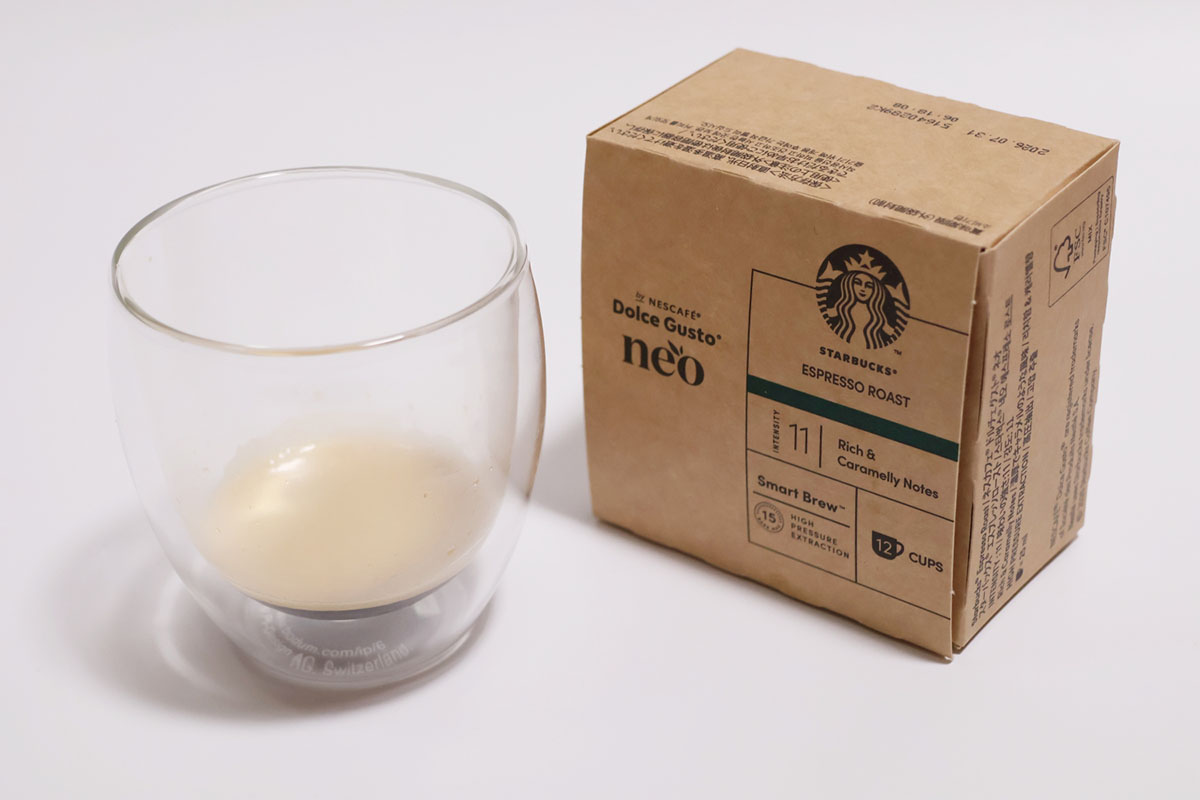 スターバックス エスプレッソ ロースト。抽出量25ml、おすすめ温度で抽出