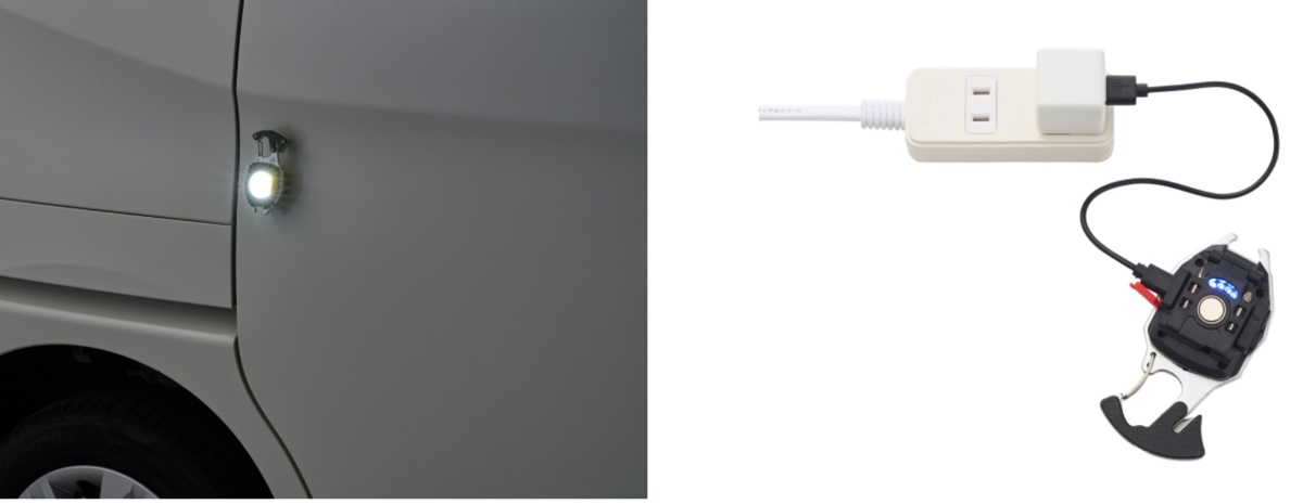 便利なマグネットとカラビナ付きで、電池不要で使える