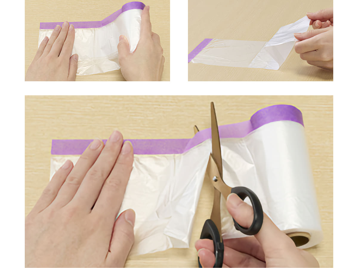 使い方は、まずマスキングテープ部分をテーブルの天板などに貼り、使いたい分だけハサミで切る。そして折りたたまれていたシートを広げる